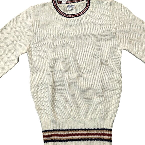 Vintage Cream Textured LS Knit Sweater w/stripe trim collar, sleeves, waist - Picture 3 of 6
